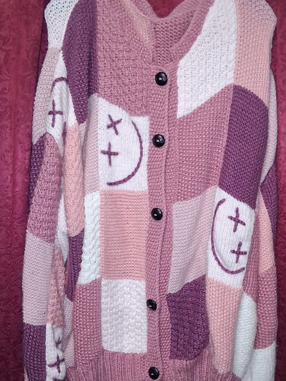 Cozy Patchwork Hand Crafted Cardigan Sweater. Pink, White & Purple Size 3xl